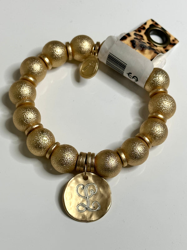 Gold Beaded Ball Engraved Initial Bracelets