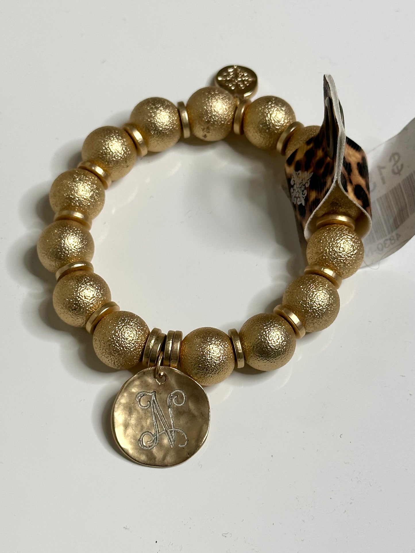 Gold Beaded Ball Engraved Initial Bracelets