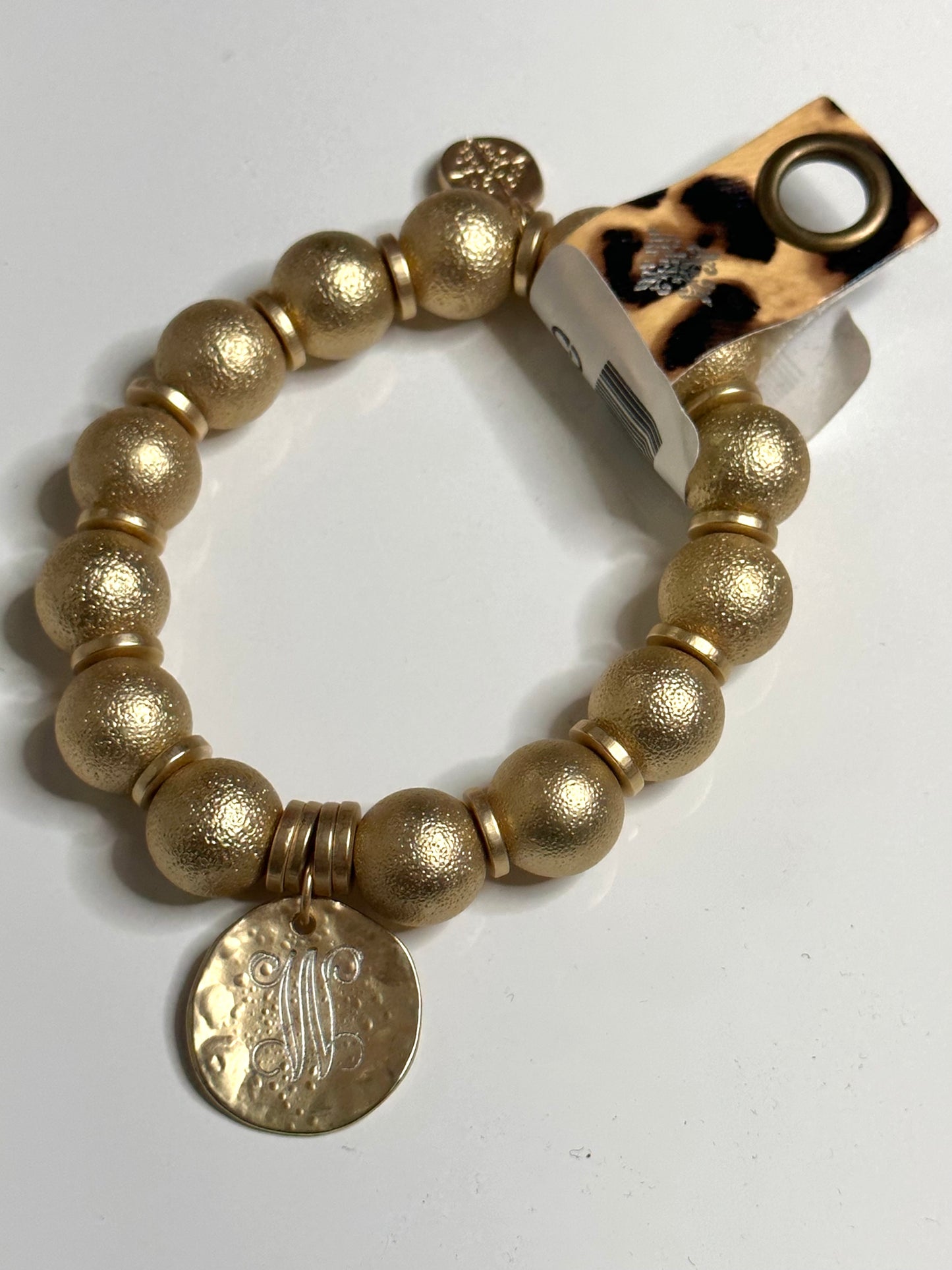 Gold Beaded Ball Engraved Initial Bracelets