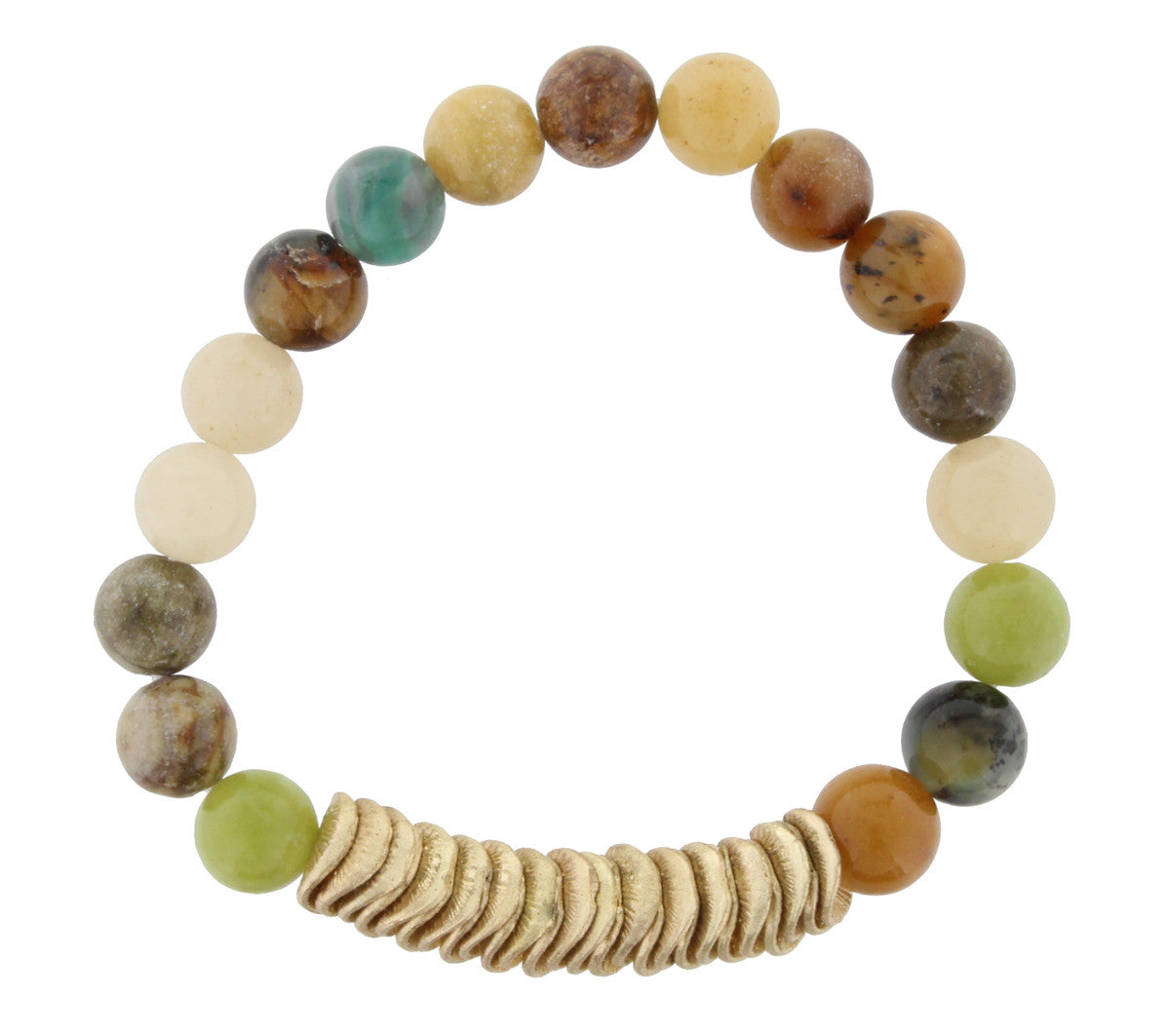 Serpentine Jade Beaded Stretch Bracelet With Gold Wavy Disk Spacers