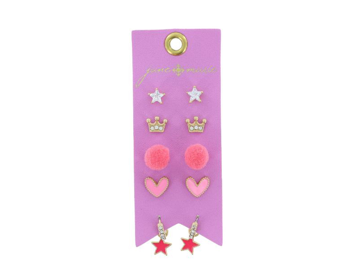 KIDS CRYSTAL STAR, CROWN, PINK POM, PINK HEART, CRYSTAL HUGGIE WITH PINK STAR EARRINGS