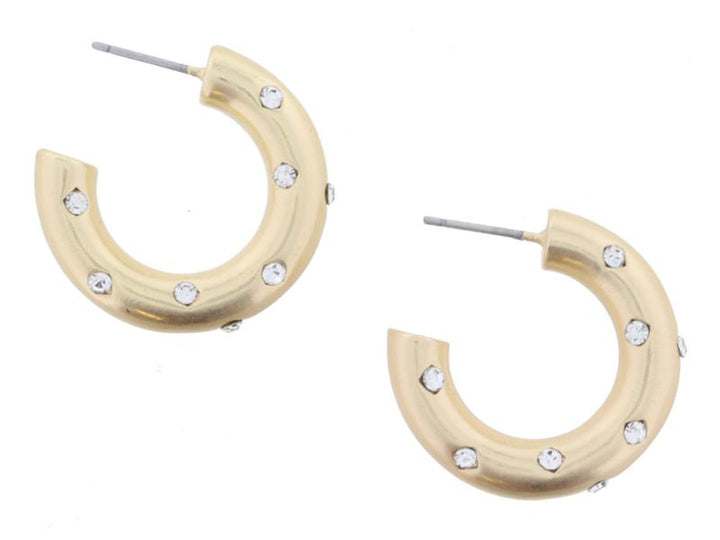 Gold Tubular Hoop Earrings with Clear Crystals